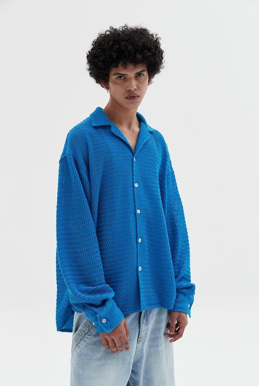 오픈 카라 니티드 셔츠 블루 Deps